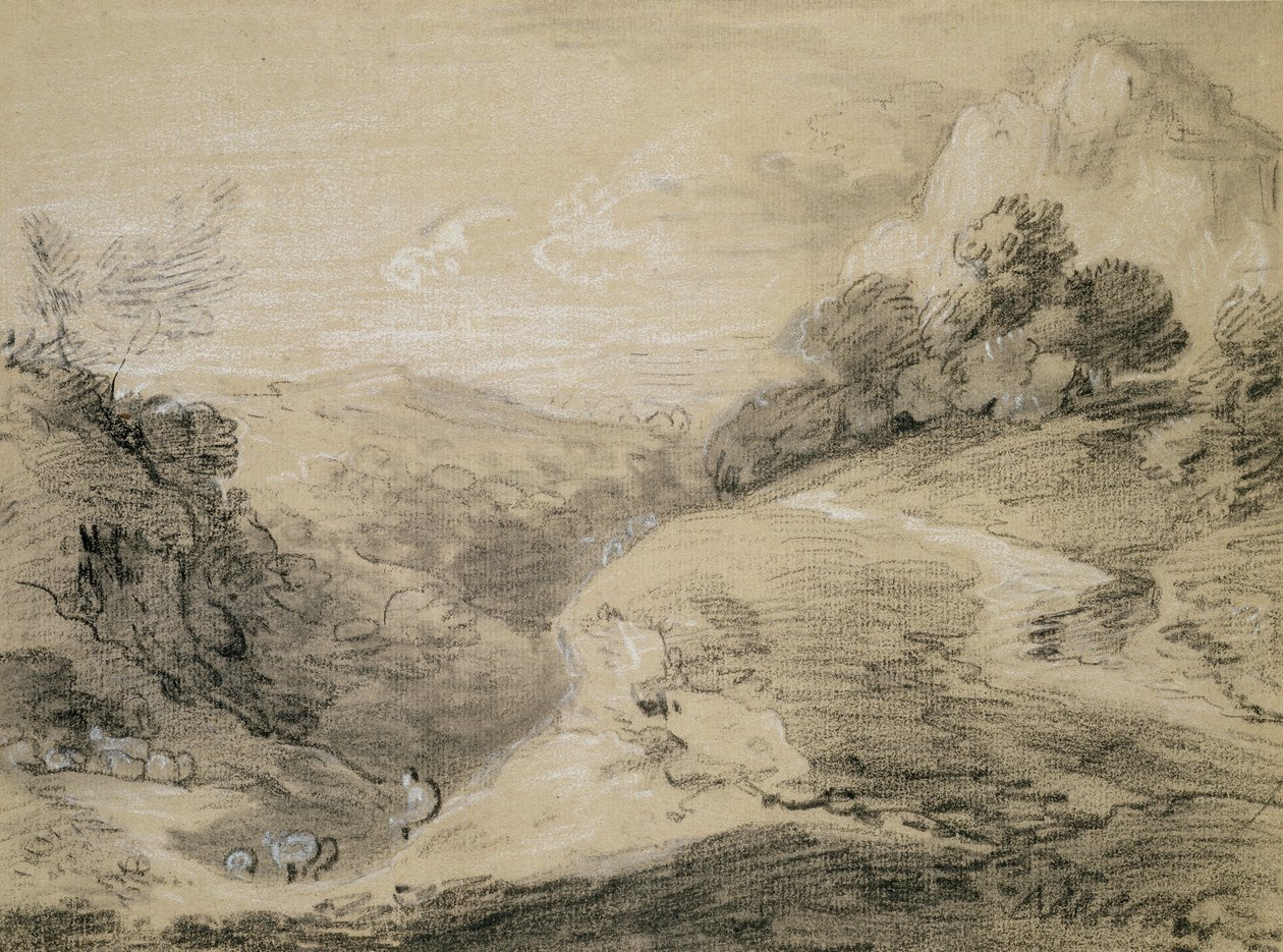 Dombos táj pásztorral és juhokkal (fekete-fehér kréta súrolópapíron) alkotó: Thomas Gainsborough