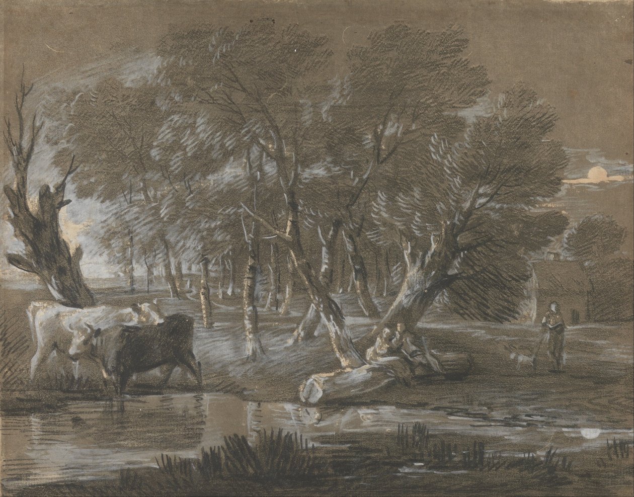Holdfényes táj szarvasmarhákkal a medence mellett alkotó: Thomas Gainsborough