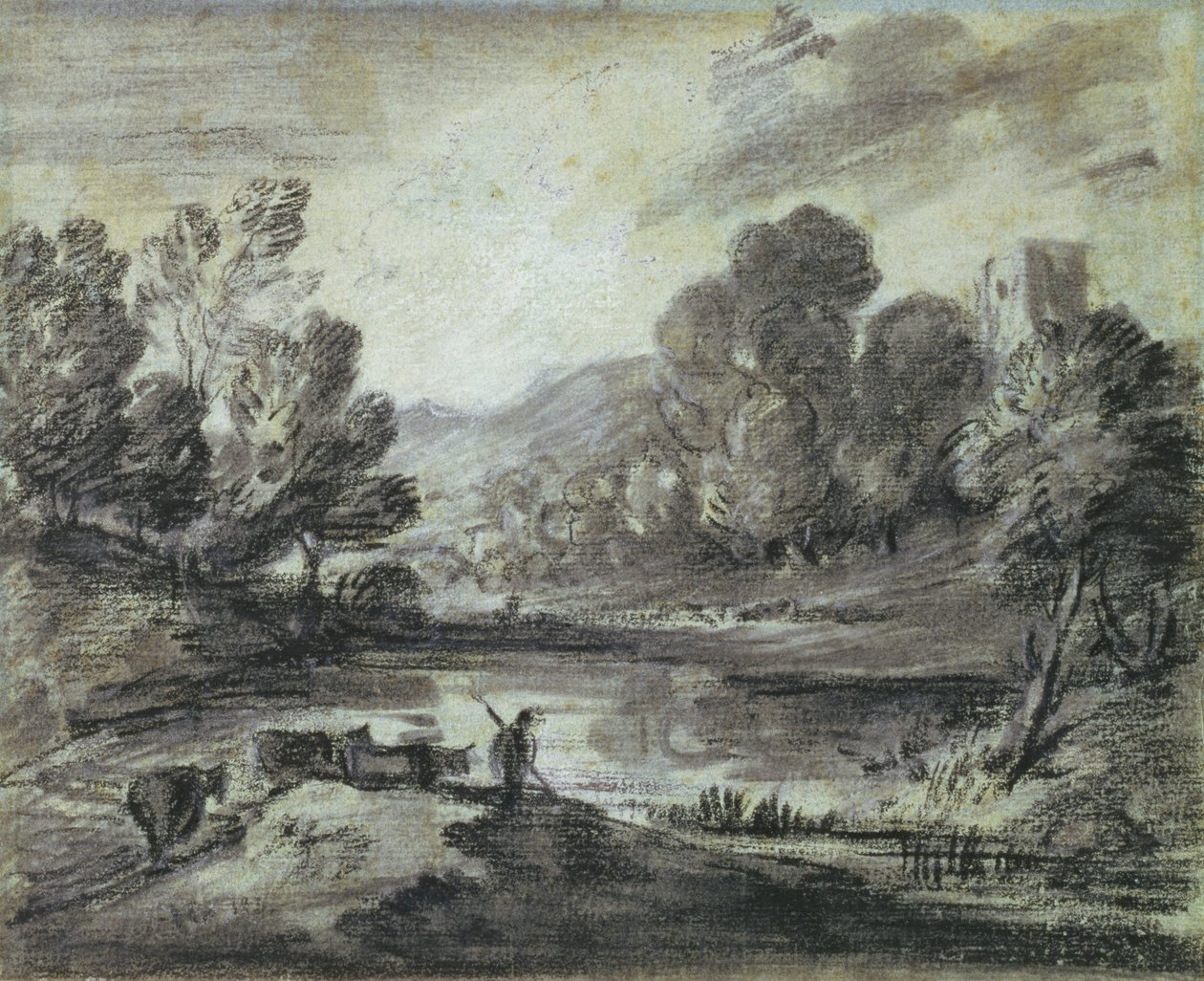 Egy dombos táj, 1775-80 körül (fekete kréta, csonk és fehér kréta kék papíron) alkotó: Thomas Gainsborough