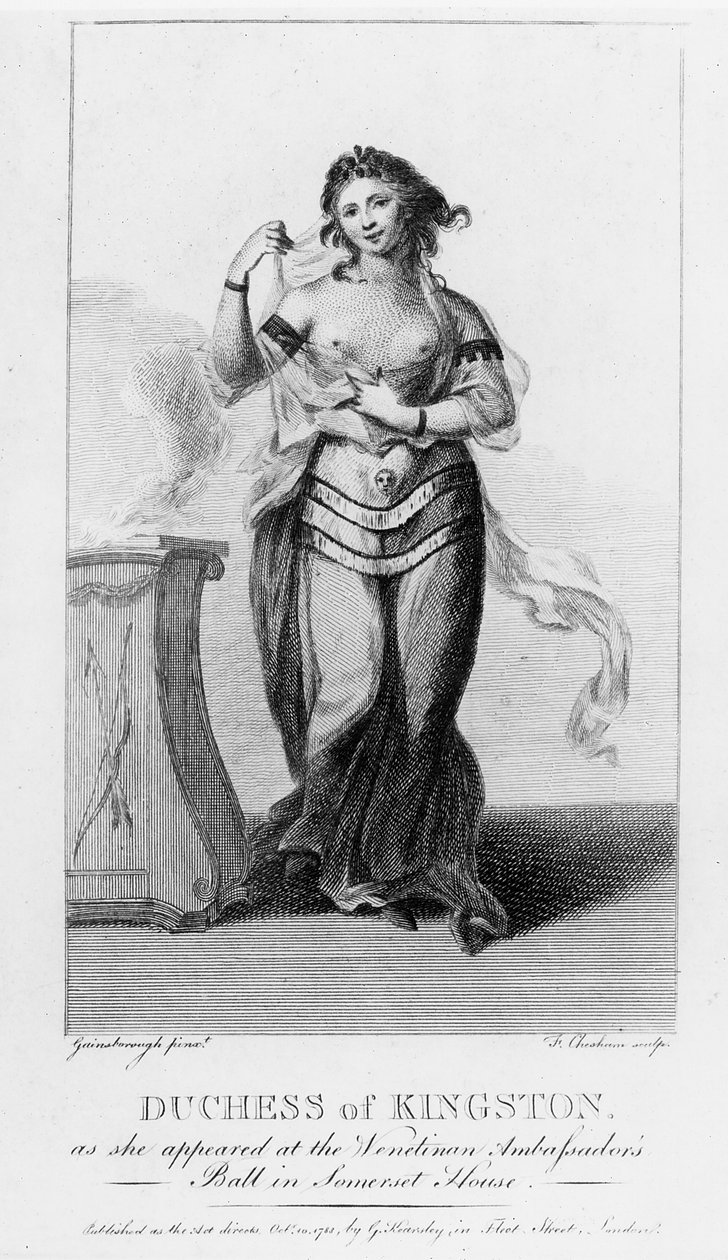 Elizabeth Chudleigh (1720-88) Kingston hercegnője, amikor megjelent a velencei nagykövet bálján a Somerset House-ban, metszett: Francis Chesham (1749-1806) (metszet) (bw fotó) alkotó: Thomas Gainsborough