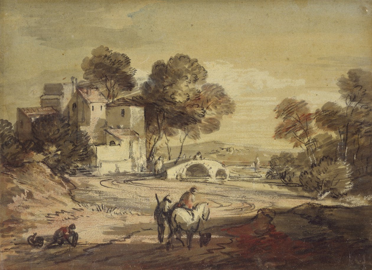 Olaszos tájkép utazókkal kanyargós úton, 1775 - 1779 (fekete kréta, akvarell és testfesték, lakkozva) alkotó: Thomas Gainsborough