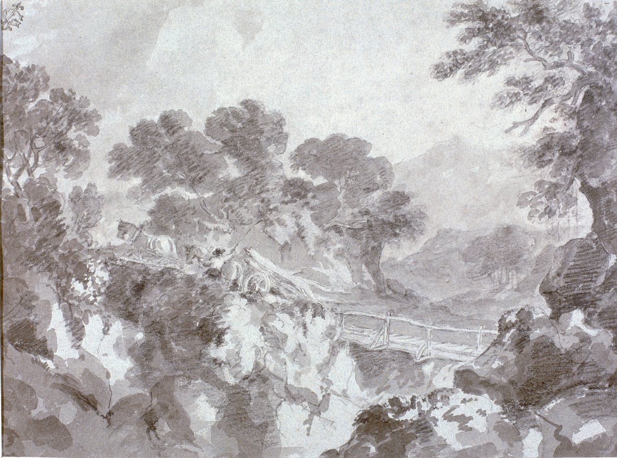 Táj híddal (wc, ceruza és kréta papíron) alkotó: Thomas Gainsborough