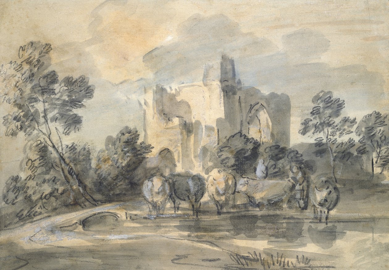 Tájkép romos kastéllyal és szarvasmarhákkal egy tó mellett (fekete kréta és akvarell, fehérrel kiemelve, halvány buff papírra) alkotó: Thomas Gainsborough
