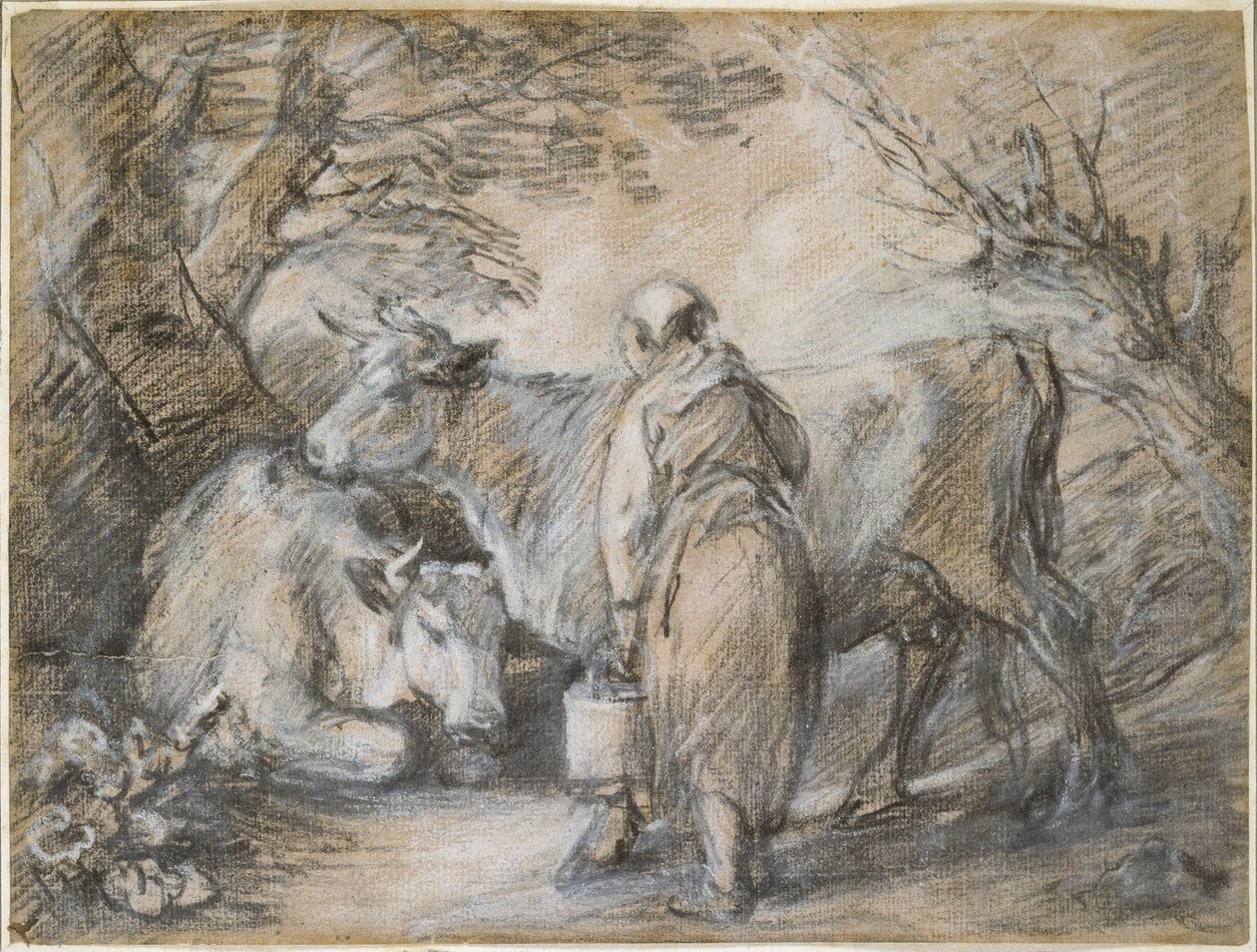 Fejőslány két tehénnel (fekete kréta és fehérrel magasított csonk, rózsaszínnel előkészített durva papíron) alkotó: Thomas Gainsborough