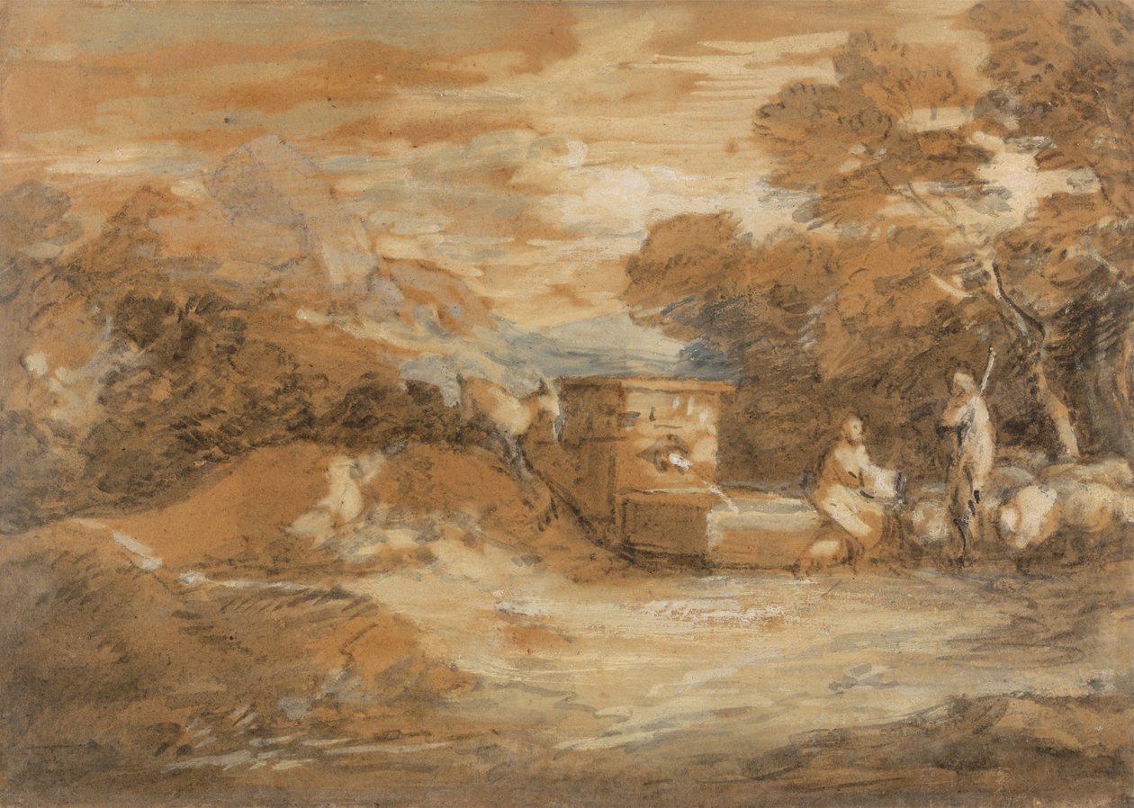Hegyi tájkép figurákkal, birkákkal és szökőkúttal alkotó: Thomas Gainsborough
