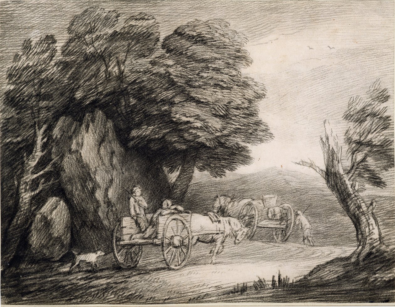 Erdős táj szekerekkel és figurákkal (rézkarc papírra) alkotó: Thomas Gainsborough