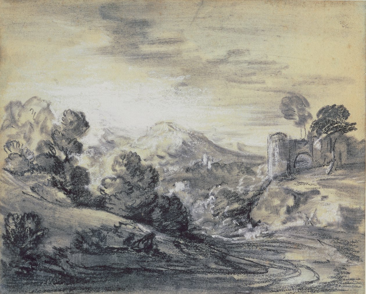 Erdős táj kastéllyal, 1785-1788 körül (fekete-fehér kréta fektetett papíron) alkotó: Thomas Gainsborough
