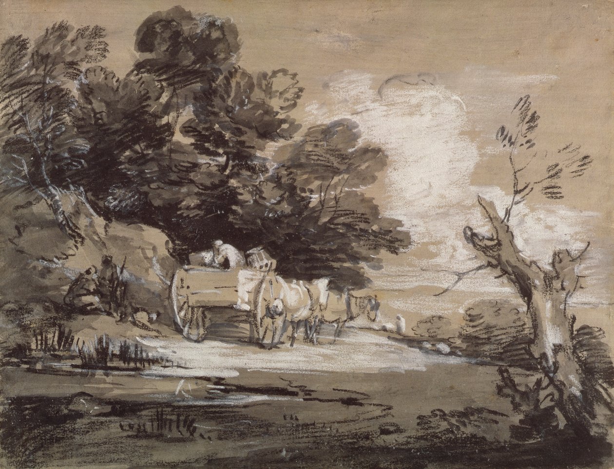 Erdős táj vidéki kocsival és figurákkal, 1785-88 körül (fekete és fehér kréta mosás papíron) alkotó: Thomas Gainsborough