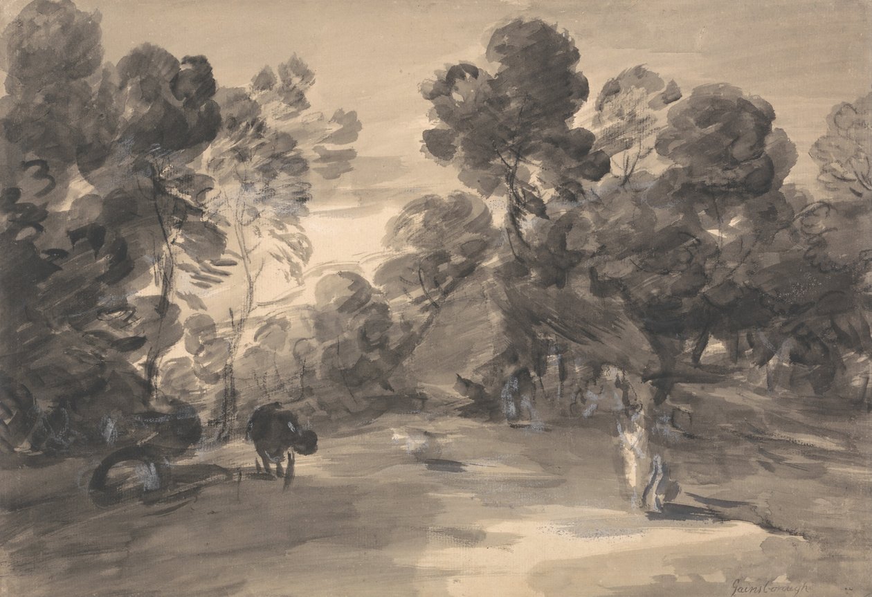 Erdős táj figurákkal, kunyhóval és tehénnel alkotó: Thomas Gainsborough