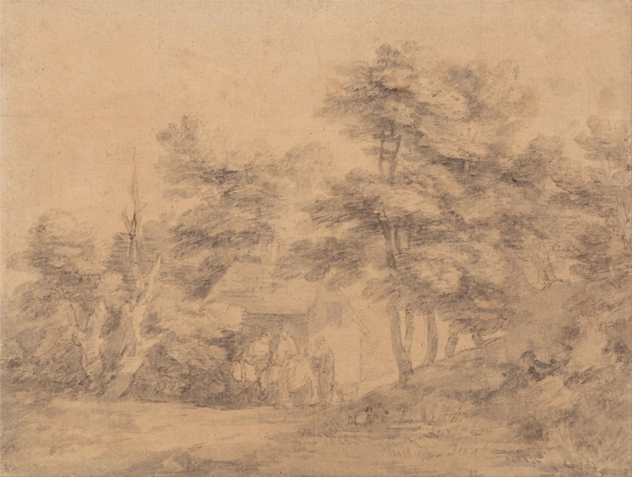 Erdős táj figurákkal, szamarakkal és házikóval alkotó: Thomas Gainsborough
