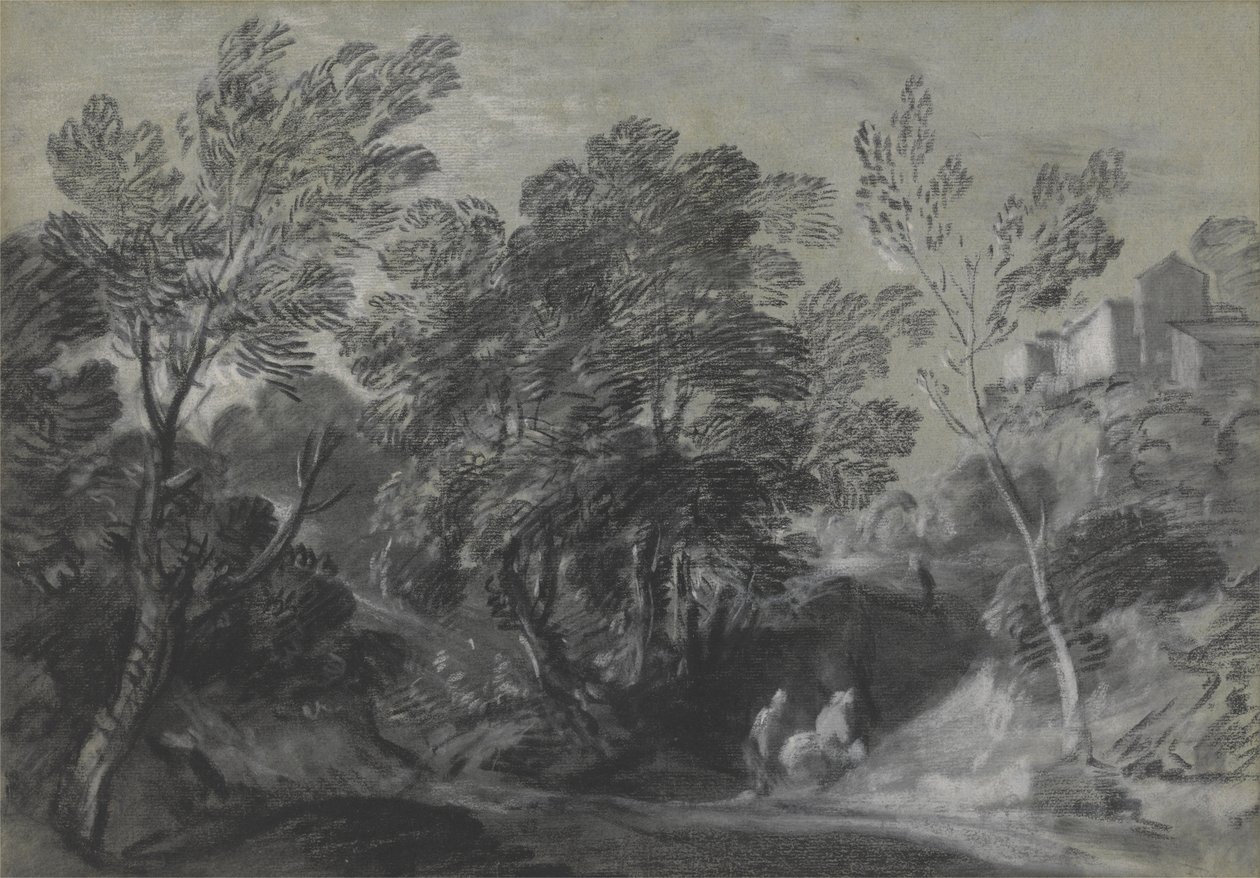 Erdős táj figurákkal és házakkal a dombon alkotó: Thomas Gainsborough