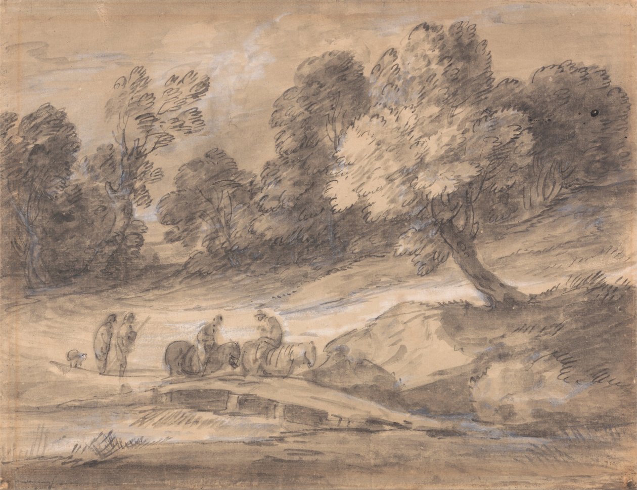 Erdős táj, hídon áthaladó lovas figurákkal alkotó: Thomas Gainsborough