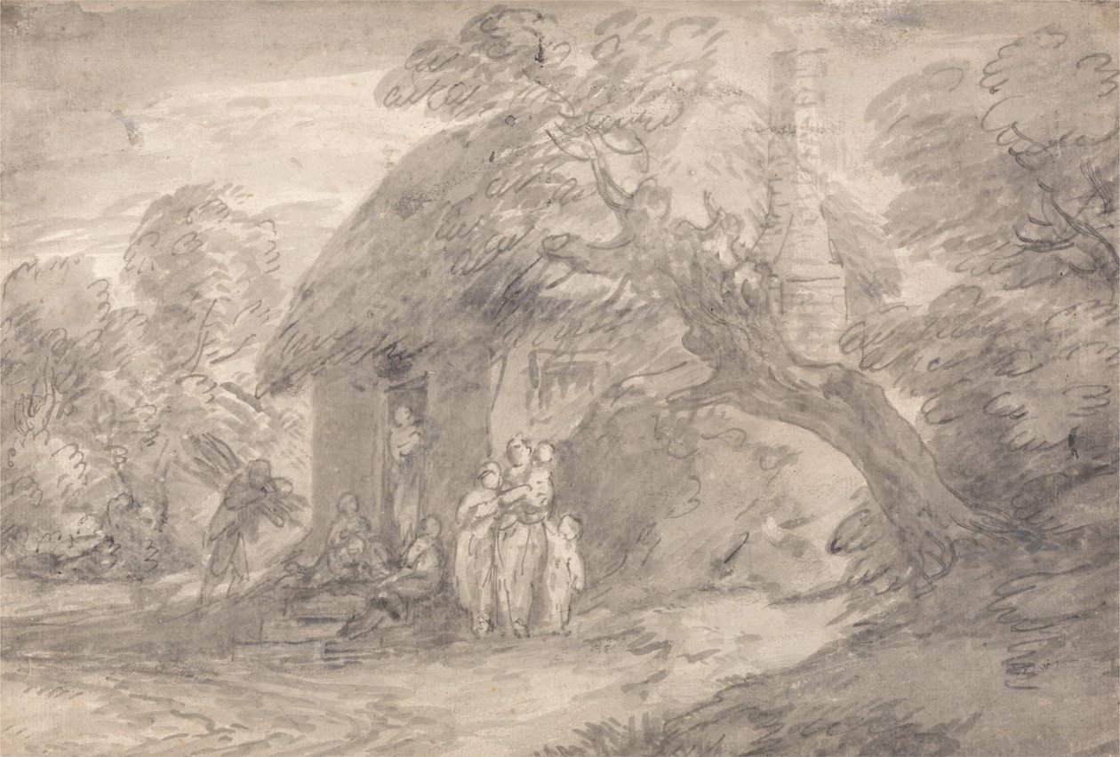 Erdős táj figurákkal a nyaralóajtón kívül alkotó: Thomas Gainsborough