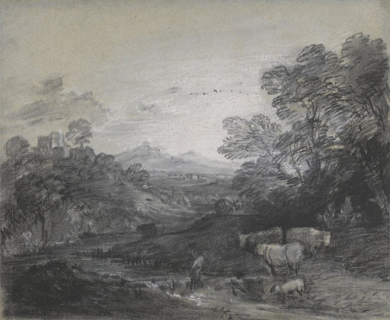 Erdős táj pásztorokkal és marhákkal, Épületek a dombon és rusztikus szerelmesek alkotó: Thomas Gainsborough