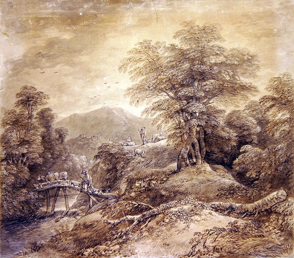 Erdős hegyi táj Pásztor és Tehenek Crossing, 1759 (toll, tinta és WC papíron) (lásd még: 352793) alkotó: Thomas Gainsborough