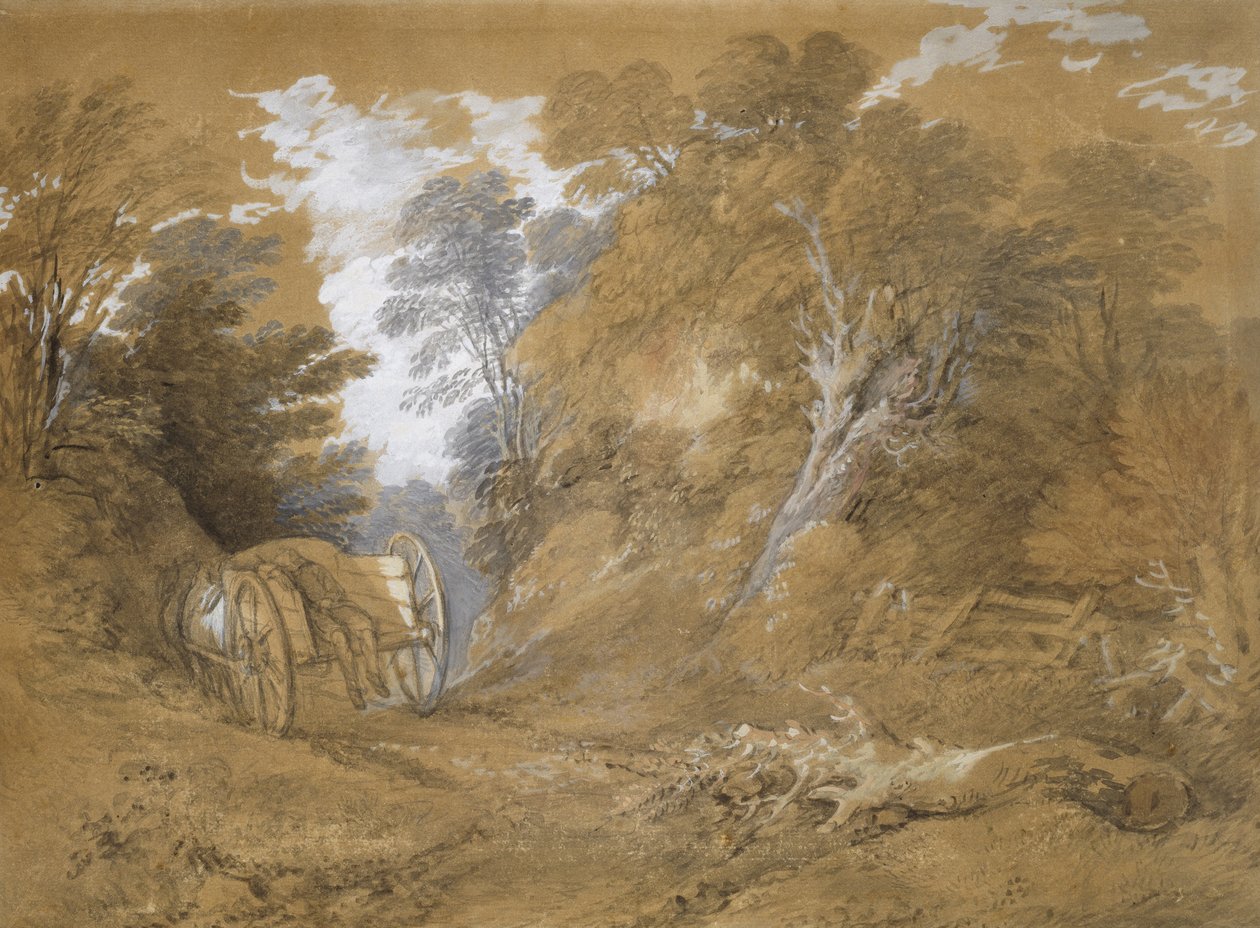 Erdős táj egy szekéren alvó parasztfiúval (barna papíron akvarell és testfesték halvány grafitos jelzésekkel) alkotó: Thomas Gainsborough