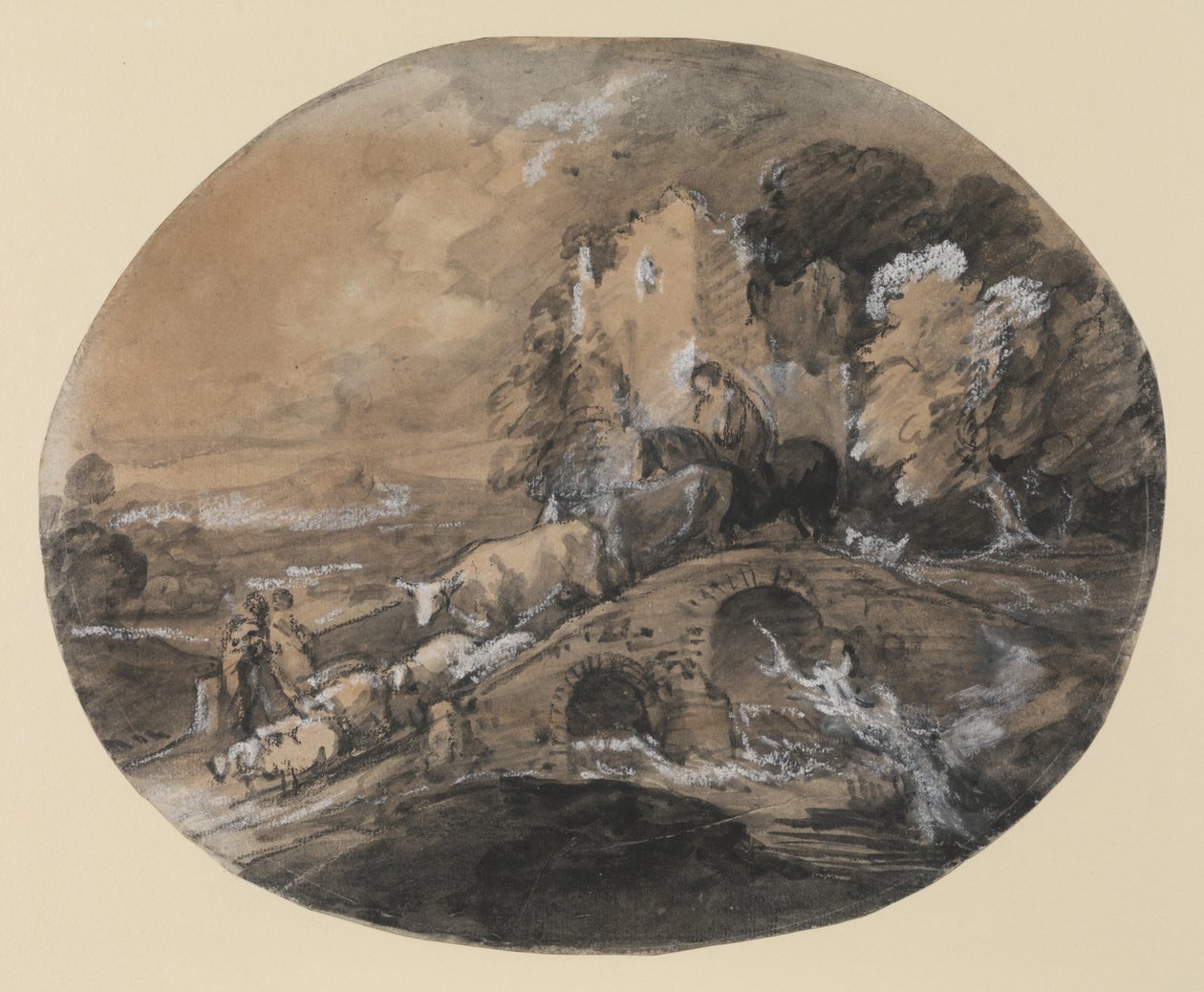 Erdős táj pásztorral, aki marhát hajt a hídon, parasztok és egy romos kastély, 1781 (fekete tintamosás, fekete kréta fehérrel kiemelve a papíron) alkotó: Thomas Gainsborough