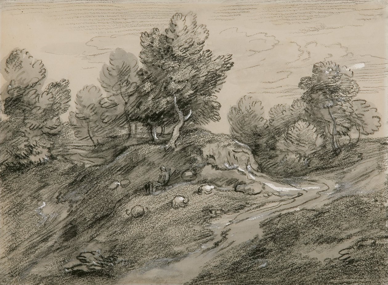 Erdős hegyvidéki táj, pásztorral és juhokkal, valamint egy vidéki pálya, amely kanyargós alkotó: Thomas Gainsborough