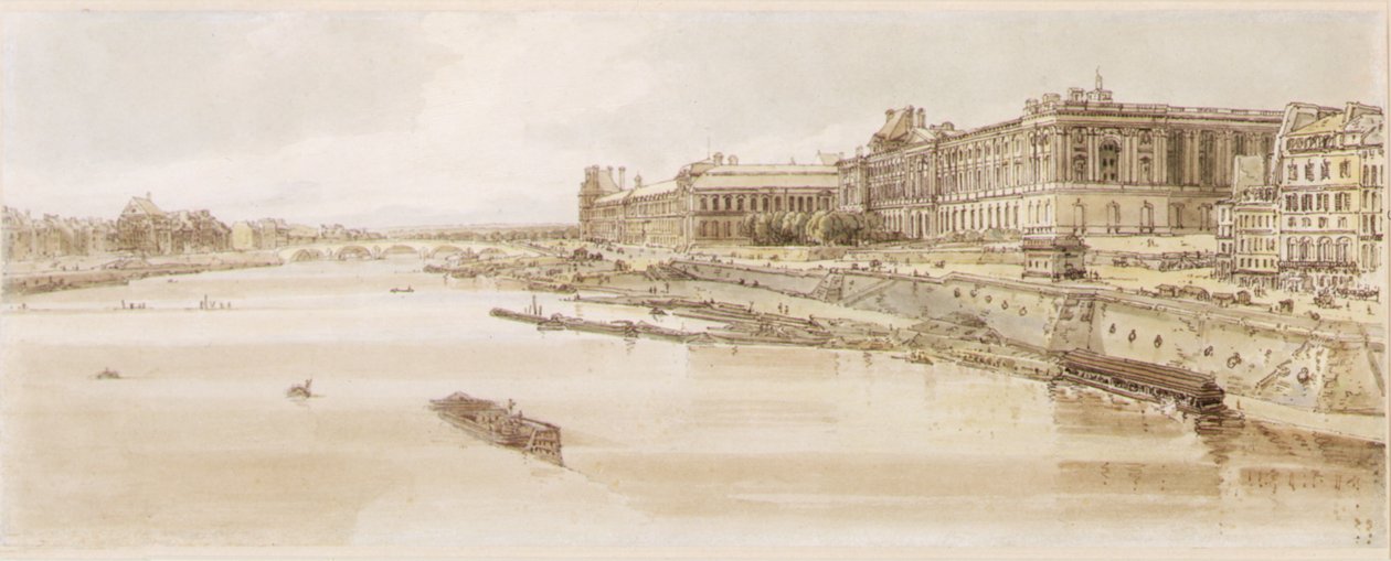 PD.5-1983 Kilátás a Louvre-ra és a Pont des Tuileries-re a Pont Neufról, 1801 körül (rézkarc, grafit és wc) alkotó: Thomas Girtin
