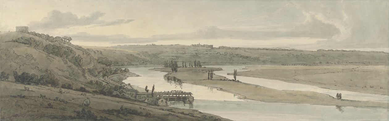 A vízmű Marliban és St. Germain-en-Laye-ben a távolban látható, 1802 (kézzel színezett rézkarc) alkotó: Thomas Girtin