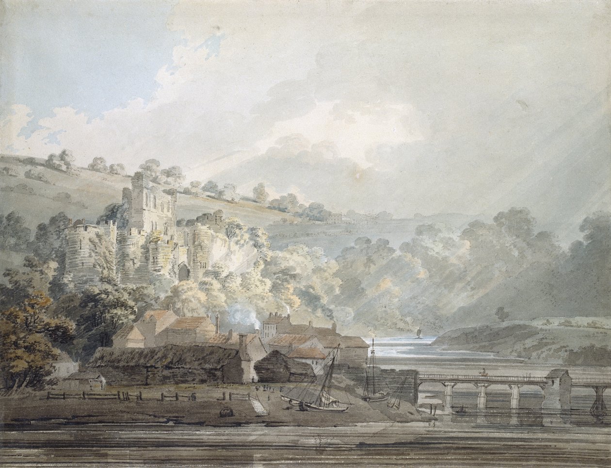Chepstow, Monmouthshire, 1791–1792 körüli kilátása (akvarell tollal és fekete tintával érintve a grafitos jelzéseken) alkotó: Thomas Girtin
