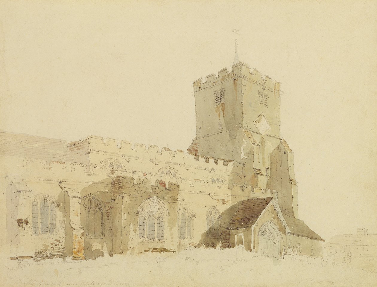 Writtle Church, Essex, 1795 körül (wc grafit felett, papíron) alkotó: Thomas Girtin