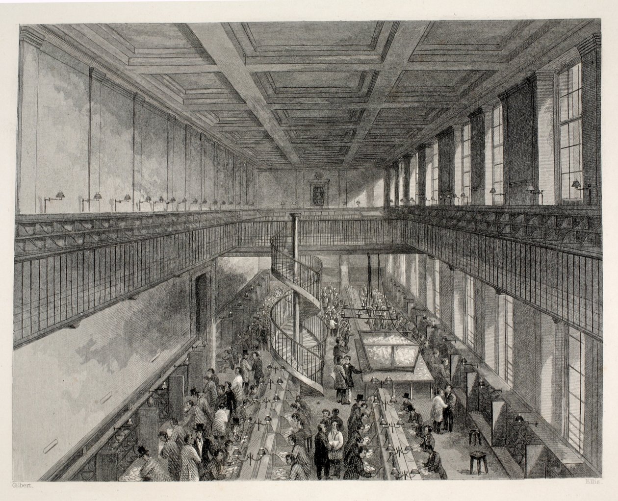 General Post Office, Letter Carriers Room arranged for dispatch of newspaps, a "London Interiors with their Costumes and Ceremonies" pub. Joseph Mead, London, 1843 körül (acélmetszet). alkotó: Thomas Hosmer Shepherd