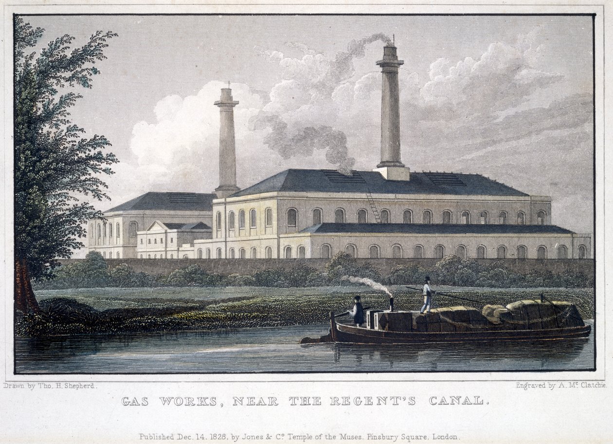 Gázgyár, a Regents-csatorna közelében, metszett A. McClatchie, 1828 alkotó: Thomas Hosmer after Shepherd