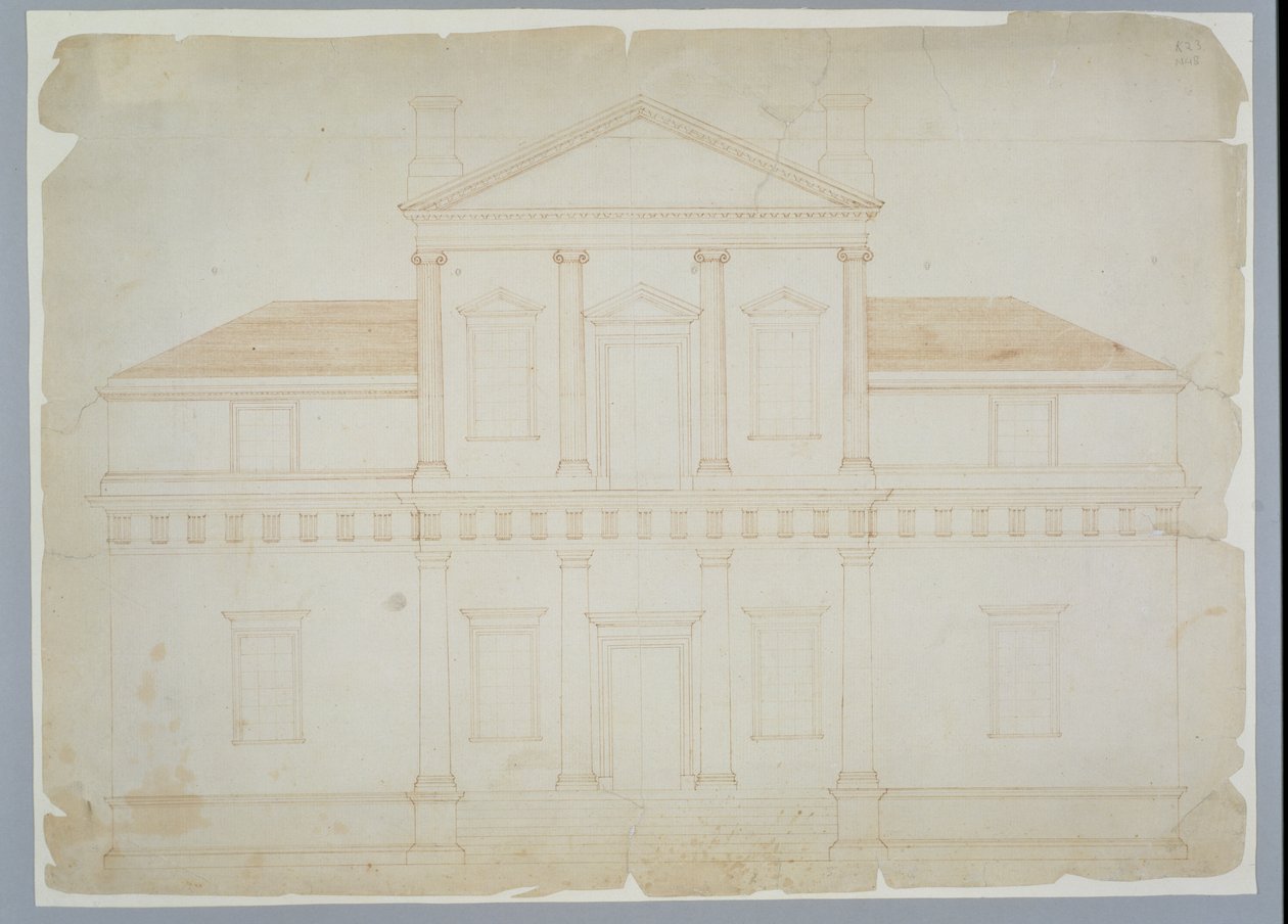 Monticello, első verzió (Elevation), valószínűleg 1771 márciusa előtt (barna tinta fektetett papíron) alkotó: Thomas Jefferson