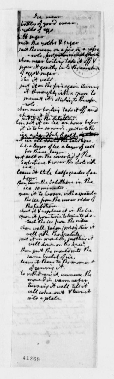 Vanília fagylalt receptje, 1780 körül (tinta papíron) alkotó: Thomas Jefferson