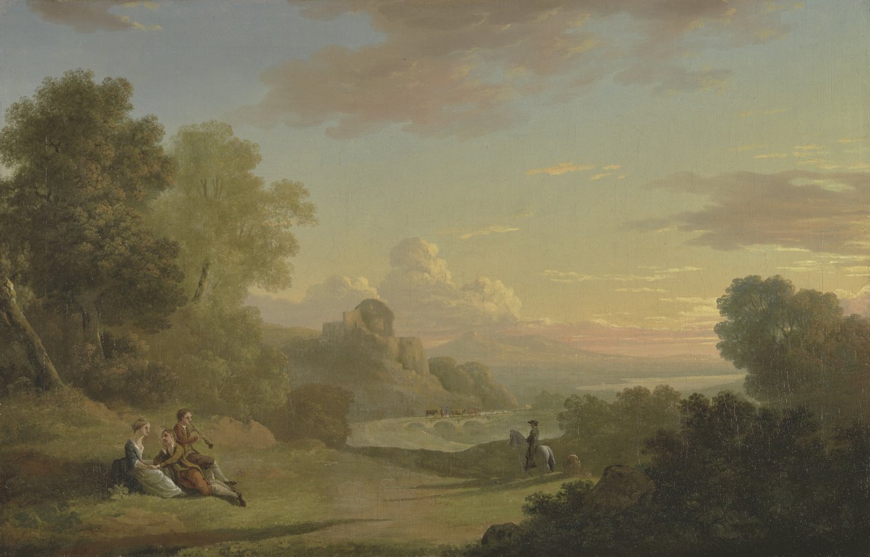 Képzeletbeli táj egy utazóval és alakokkal, kilátással a Baiae-öbölre, 1773 alkotó: Thomas Jones