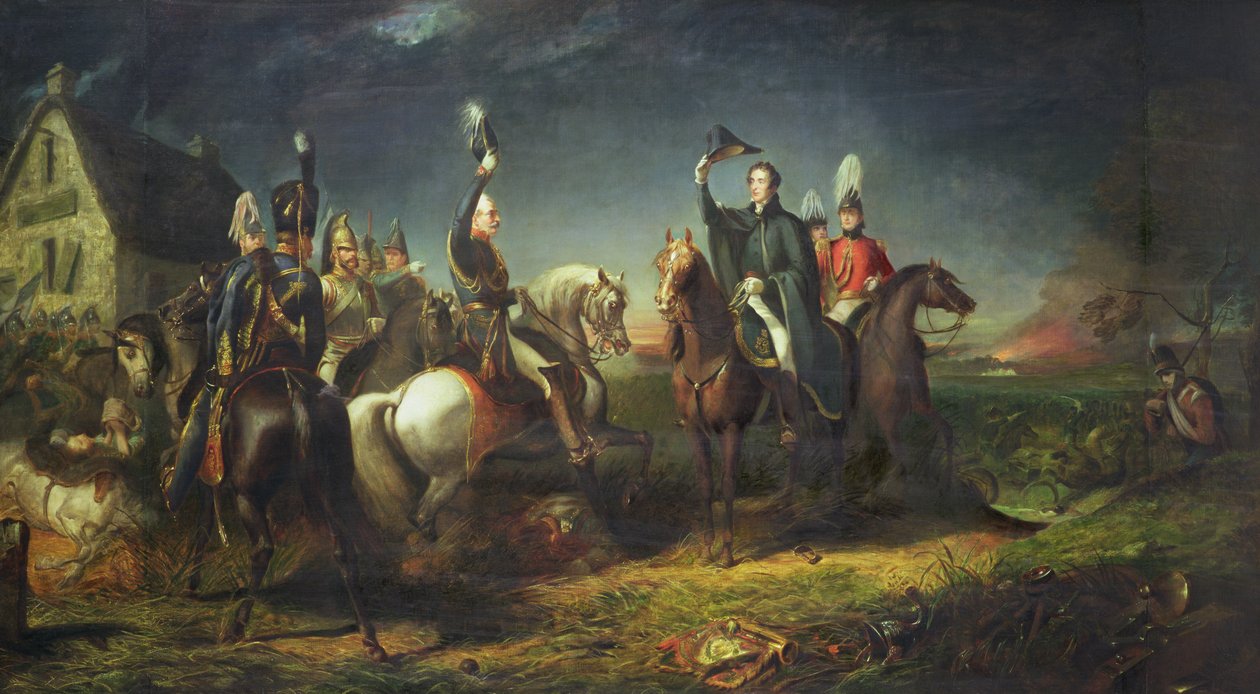 Wellington hercegének és Blucher tábornagy találkozója Waterloo győzelmének estéjén a La Belle Alliance-ban alkotó: Thomas Jones