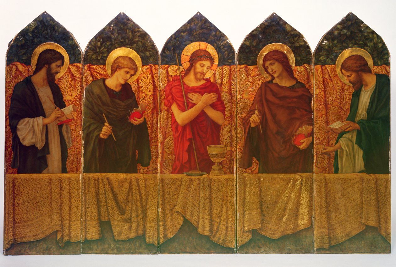 Krisztus és négy szent, Burne-Jones által tervezett oltártábla alkotó: Thomas Matthews Rooke