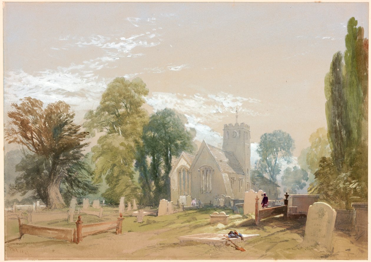 A templom és a templomkert, Chesters (bc, ceruza és wc, papír) alkotó: Thomas Miles II Richardson
