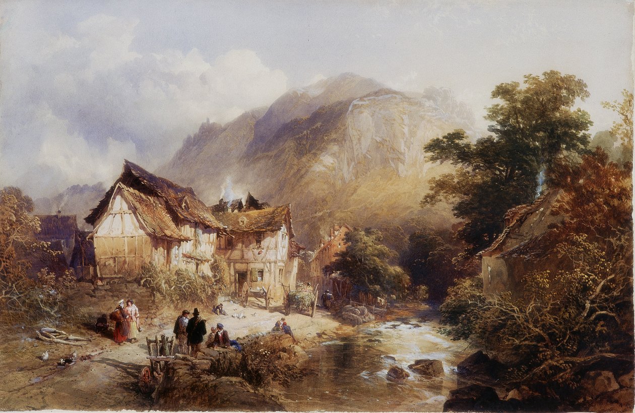 Sayn faluja, a Bertich Bach folyón, Poroszország (testszín és akvarell papíron) alkotó: Thomas Miles II Richardson