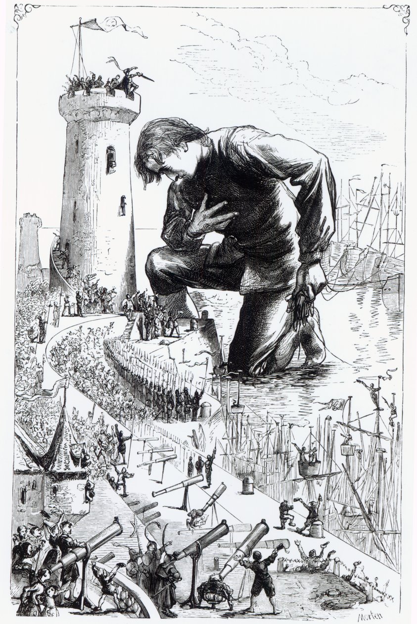 Gulliver letérdel a liliputiak előtt, miután ellopta a blefuszkúdi flottát. Illusztráció Jonathan Swift „Gulliver utazásai” című művéből, 1864 alkotó: Thomas Morten