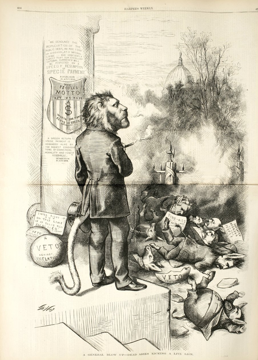 Általános robbantás – Halott szamarak élő oroszlánt rúgnak, 1874 (fametszet) alkotó: Thomas Nast