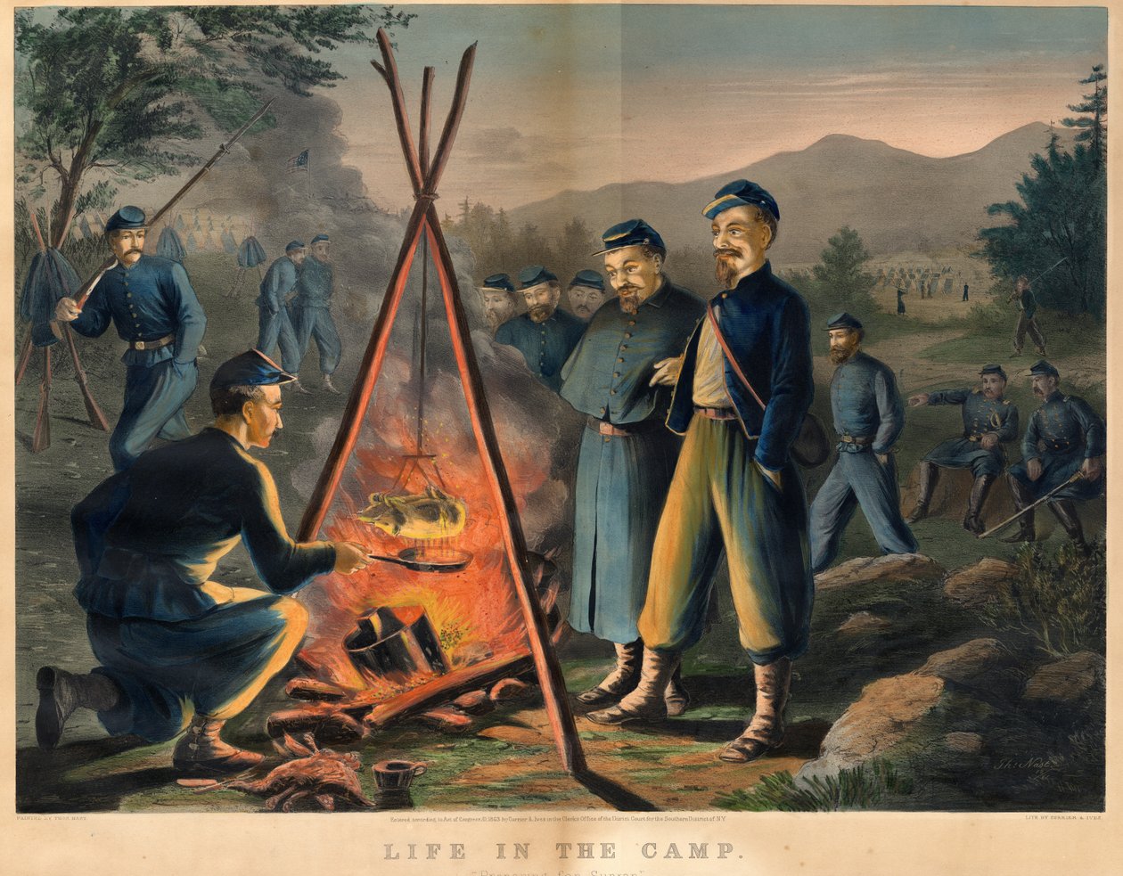 Élet a táborban, kiadó: Currier und Ives, 1863 alkotó: Thomas Nast