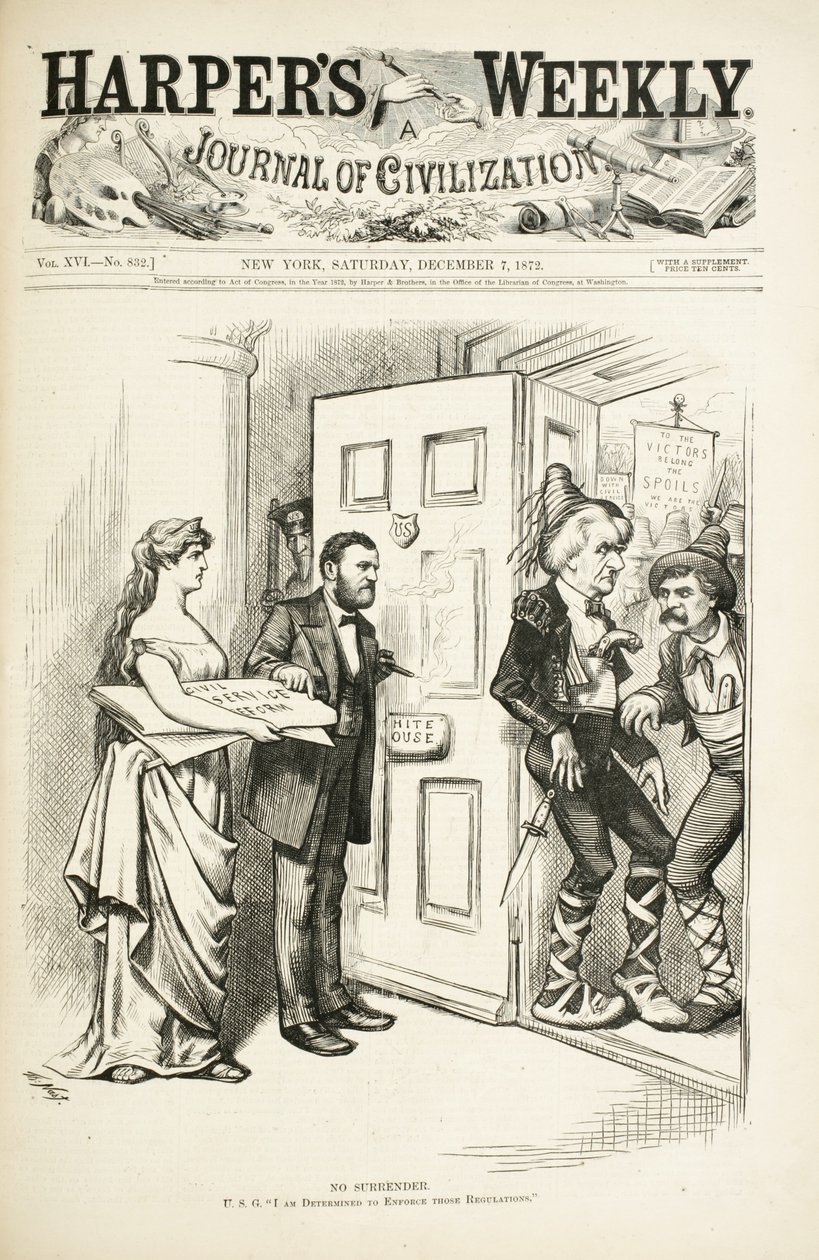 Nincs megadás; U.S.G., Elhatároztam, hogy végrehajtom ezeket a rendelkezéseket, 1872 (fametszet) alkotó: Thomas Nast