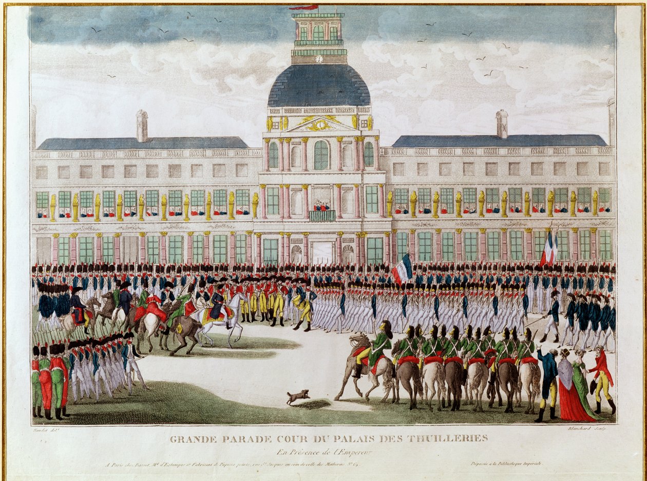 Felvonulás a Palais des Tuileries udvarán a császár jelenlétében, Blanchard metszete alkotó: Thomas Naudet