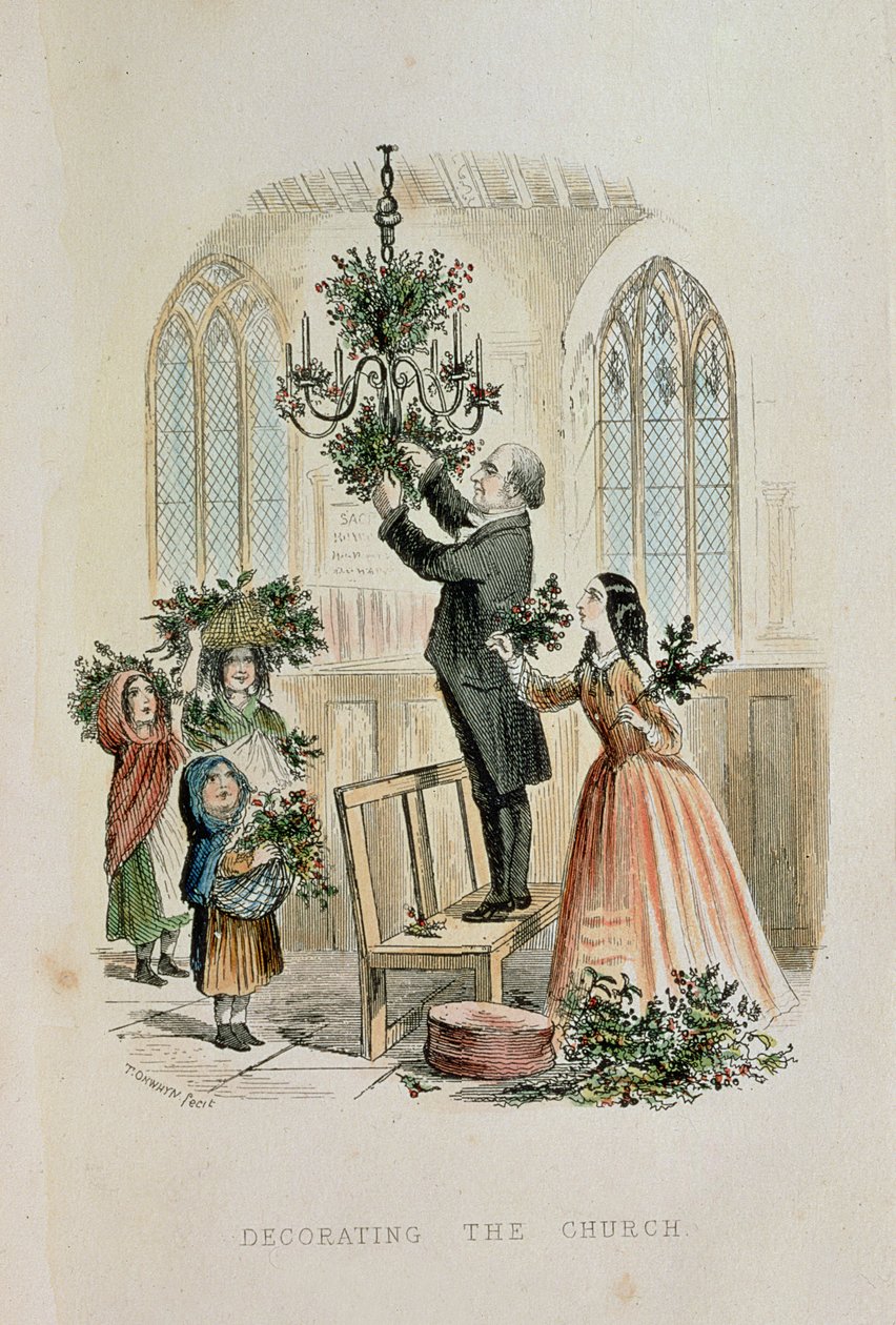 A templom feldíszítése, az "Évforduló" című könyvből: Dickens karácsonyi könyvei után. alkotó: Thomas Onwhyn