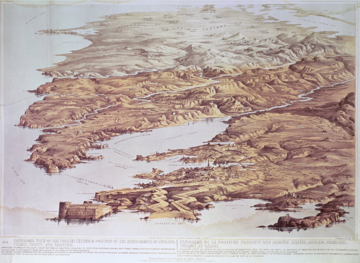 Panorámakép Anglia, Franciaország, Törökország és Szardínia szövetséges hadseregének jelenlegi kiterjesztett pozíciójáról Frank C. Hughes akvarellrajzáról, pub. Stannard és Dixon, 1855 alkotó: Thomas Packer