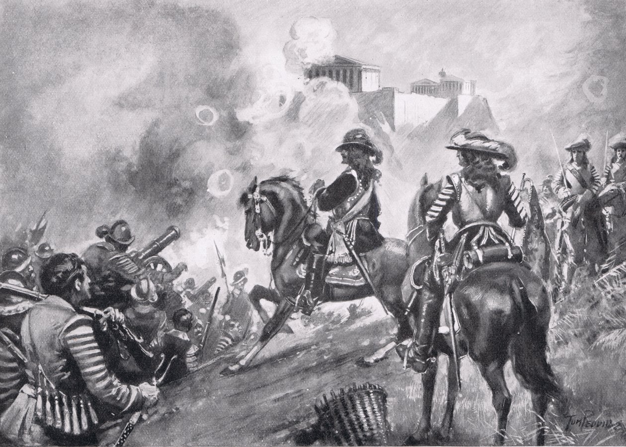 Francesco Morosini bombázza a Parthenont, illusztráció a Hutchinson nemzetek történelméből alkotó: Thomas Peddie