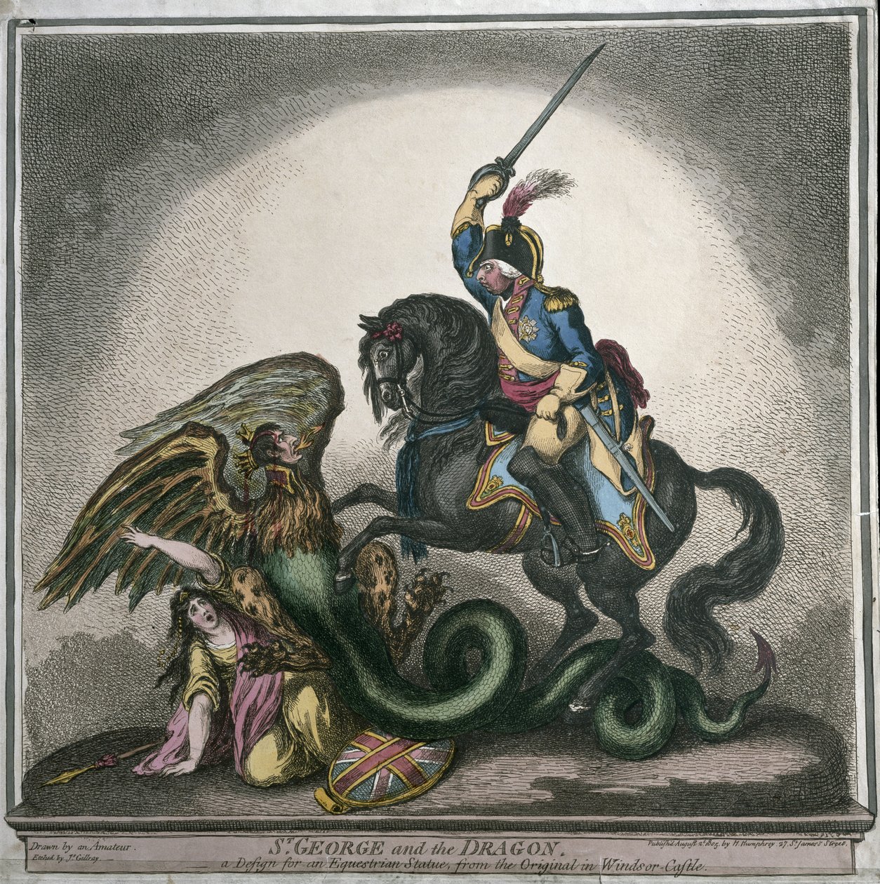 Szent György és a sárkány, egy lovas szobor terve, az eredetiből a windsori kastélyban, metszett James Gillray (1756-1815), Hannah Humphrey adta ki 1805-ben (kézzel színezett rézkarc) alkotó: Thomas Richmond Gale Braddyll