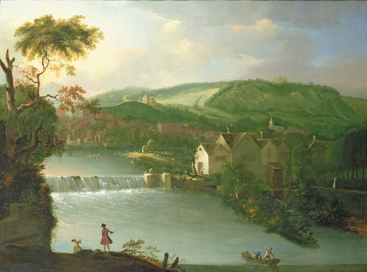 Kilátás az apátsági malomra és a gátra az Avon folyón, Bath alkotó: Thomas Ross