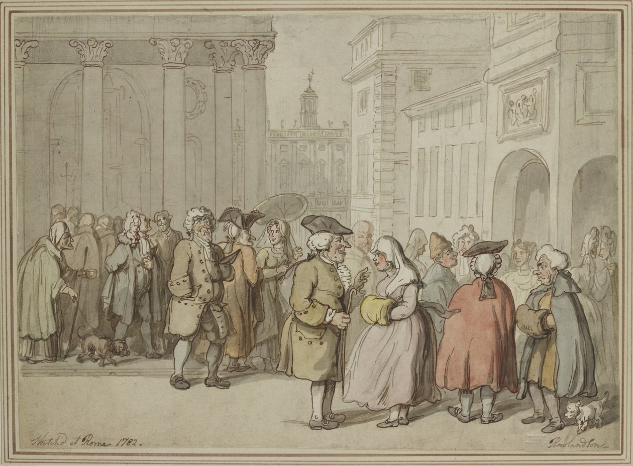 Egy csoport Rómában vázlatosan (toll és vörösesbarna tinta és akvarell grafitos jelzések fölött) alkotó: Thomas Rowlandson
