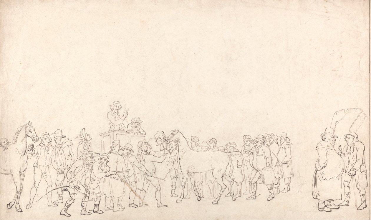 Lóakció a Hopkinss tárházban (vázlat) alkotó: Thomas Rowlandson