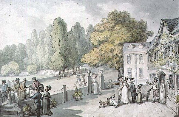 Egy ház figurákkal, korábban The Green néven ismert Richmondban alkotó: Thomas Rowlandson