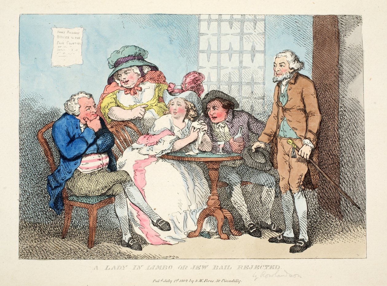 A Lady In Limbo avagy a zsidó óvadék elutasítva, 1802 (kézzel színezett véggrafika) alkotó: Thomas Rowlandson