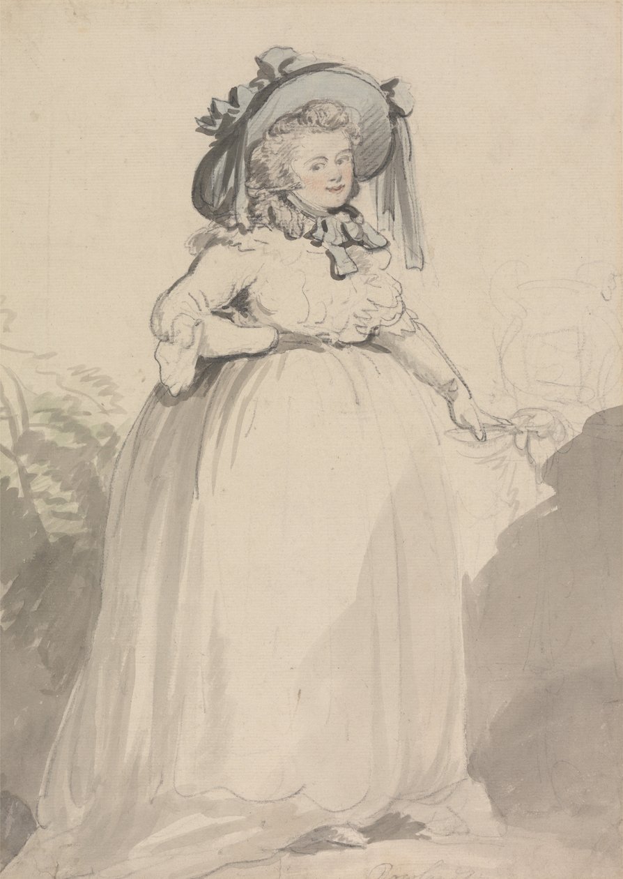 Egy hölgy fehér ruhában, kék kalapban alkotó: Thomas Rowlandson